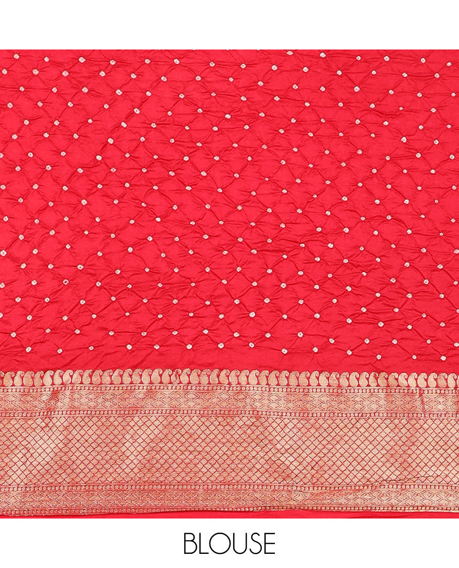 Orange bandhani silk saree with contrast zari design border & floral design pallu