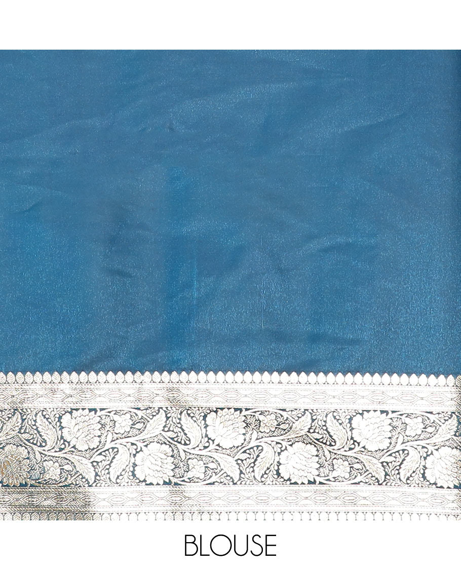 Blue floral jaal jacquard banarasi silk saree, floral creeper design border, and intricate ogee patterned pallu