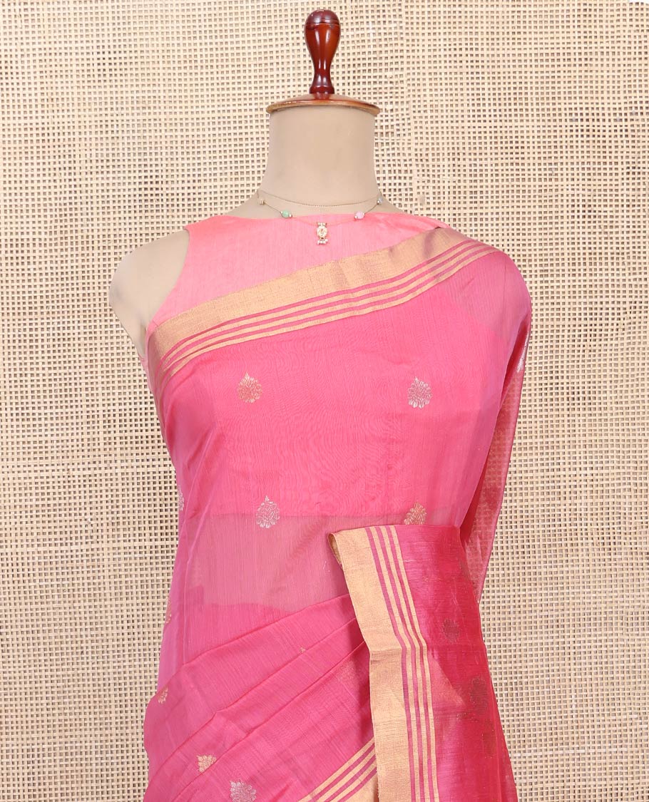 Pink Chanderi Cotton Saree, Adorned with Zari Buttas All Over Its Body, Highlighted by a Zari Border, Gleaming Zari Striped Pallu, and Paired with a Matching Blouse