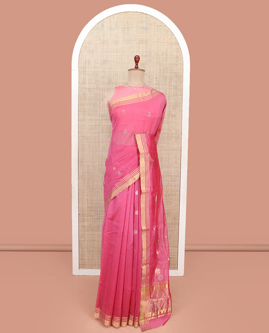 Pink Chanderi Cotton Saree, Adorned with Zari Buttas All Over Its Body, Highlighted by a Zari Border, Gleaming Zari Striped Pallu, and Paired with a Matching Blouse