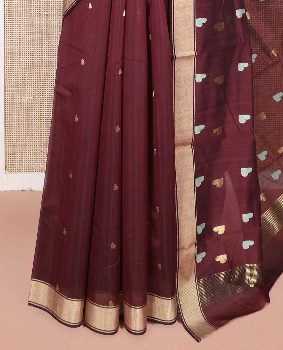 Maroon Chanderi Cotton Saree, Adorned with Heart Buttas All Over Its Body, Highlighted by a Self-Border, Pallu Steeped with Heart Motifs, and Paired with a Matching Blouse