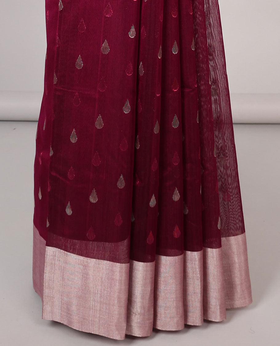 Dark pink leaf motifs printed chanderi cotton saree with contrast plain border & pallu of jaal design