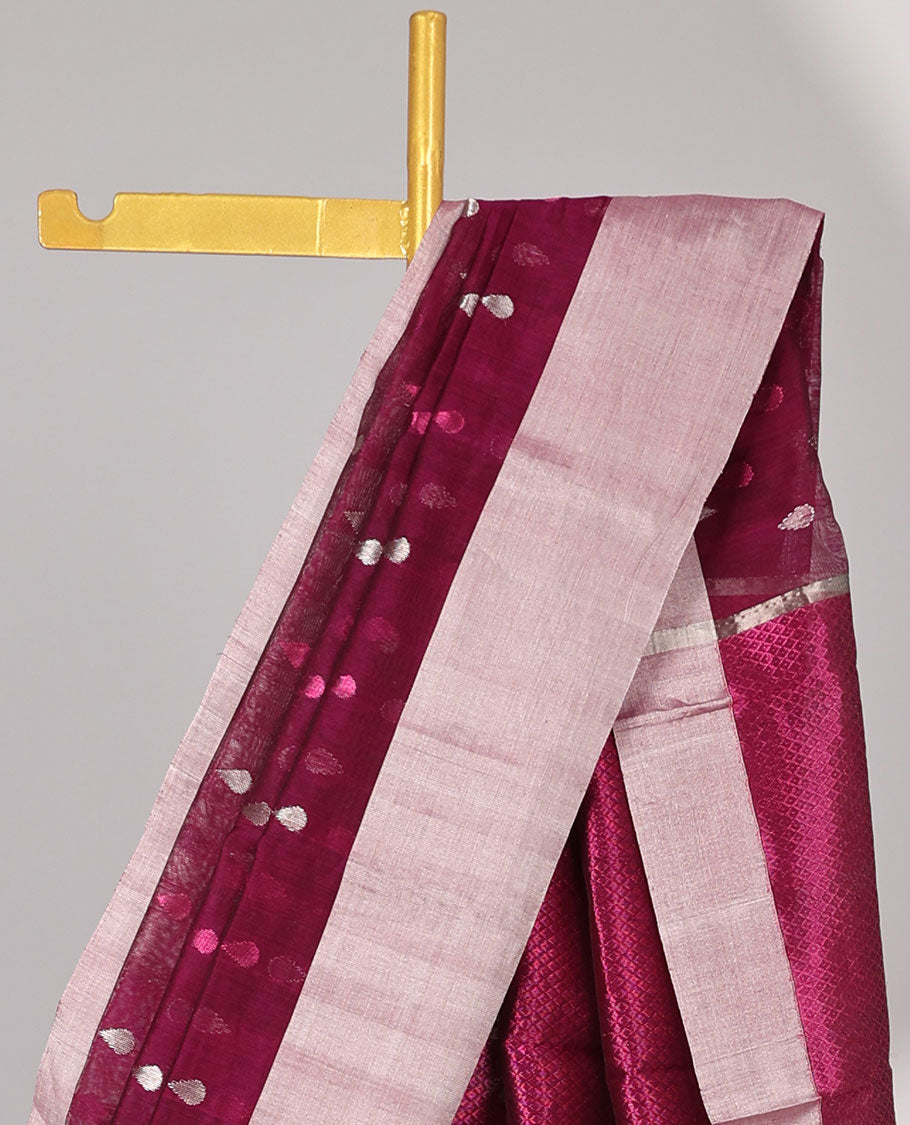 Dark pink leaf motifs printed chanderi cotton saree with contrast plain border & pallu of jaal design