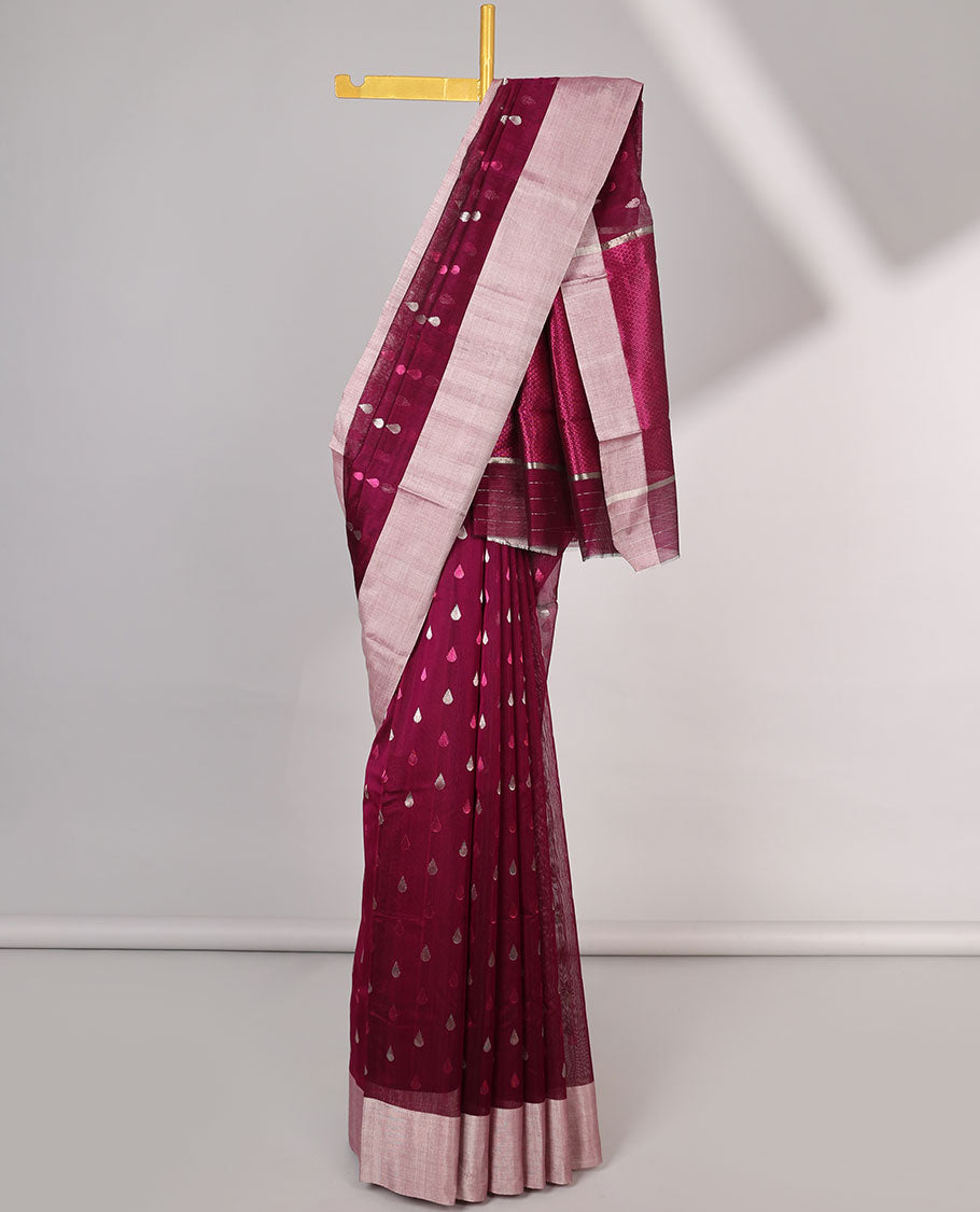 Dark pink leaf motifs printed chanderi cotton saree with contrast plain border & pallu of jaal design