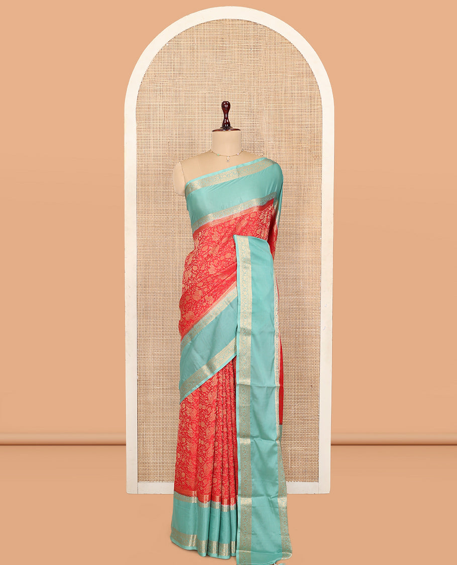Red Fancy Crepe Saree, Adorned with Floral Vine and Peacock Design, Complemented by a Contrast Traditional Zari Design Border, Sparsely Woven Pallu, and Contrast Blouse