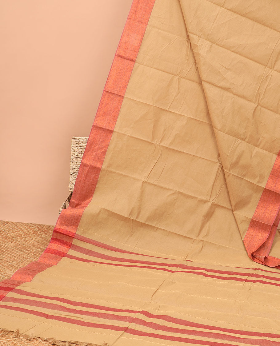 Sandal kanchi cotton saree with contrast border & striped pallu
