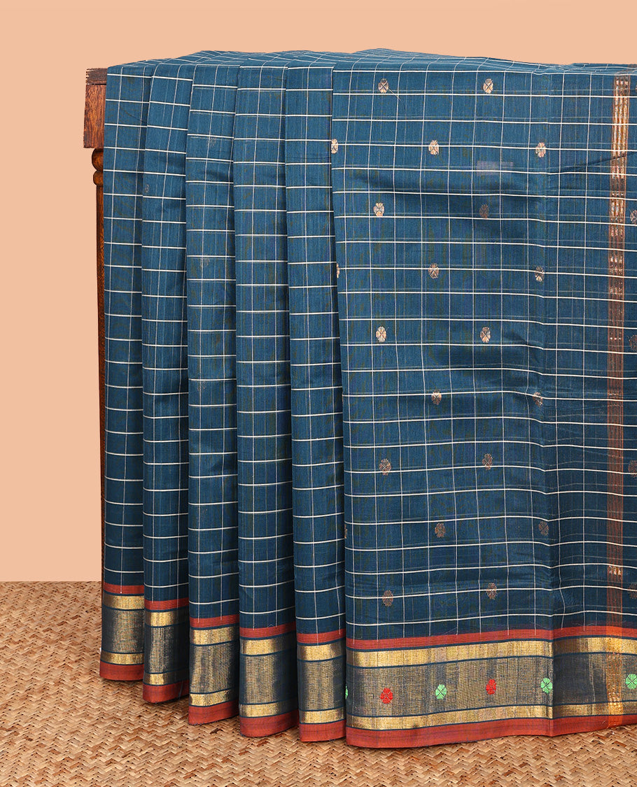 Blue Venkatagiri Cotton Saree, Adorned with Butta Enclosed Checks on Its Body, Complemented By Contrast Border of Zari and Thread Buttas, Striped Pallu, and Comes Without a Blouse