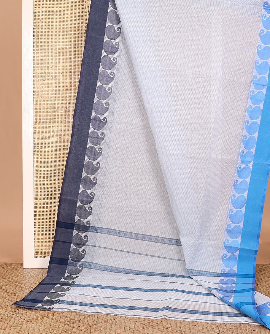 Off-white striped Bengal cotton saree, contrast ganga jamuna border of paisleys, and striped pallu