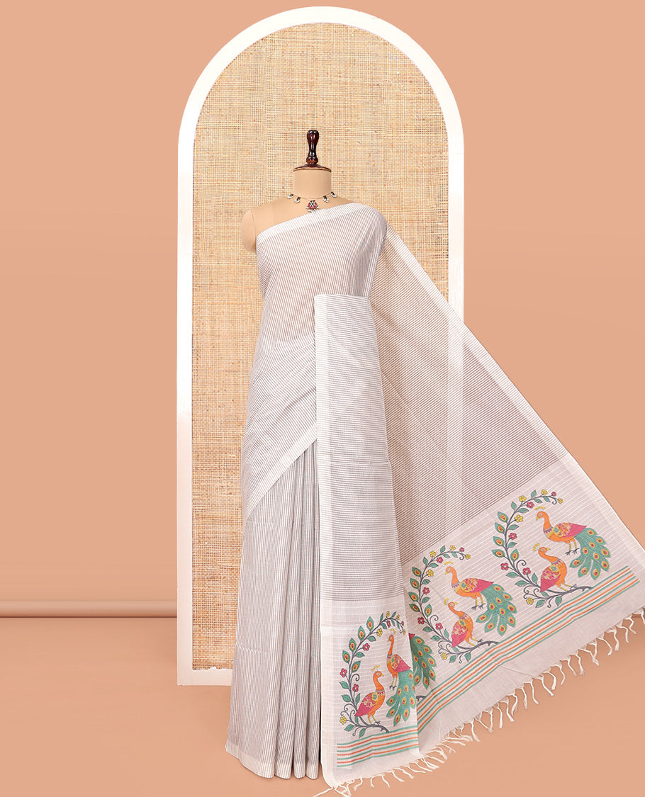 Borderless Off-White Jute Cotton Saree, Sparsely Woven with Stripes, a Self-Pallu Depicts Peacock Designs, and a Matching Blouse