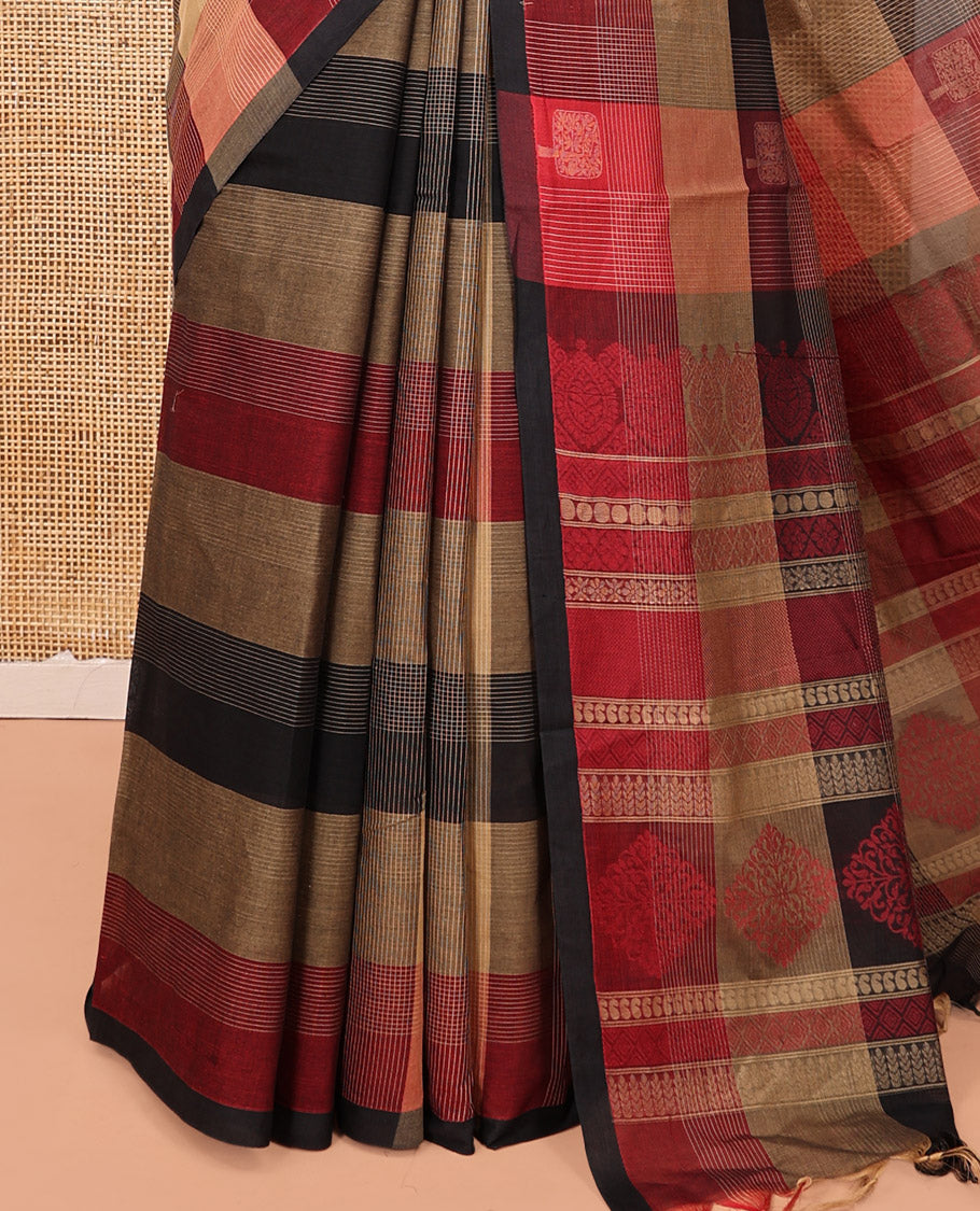 Borderless Multi-Color Cotton Saree, Accentuated with Buttas and Checks, Intricately Designed Pallu, and a Matching Blouse
