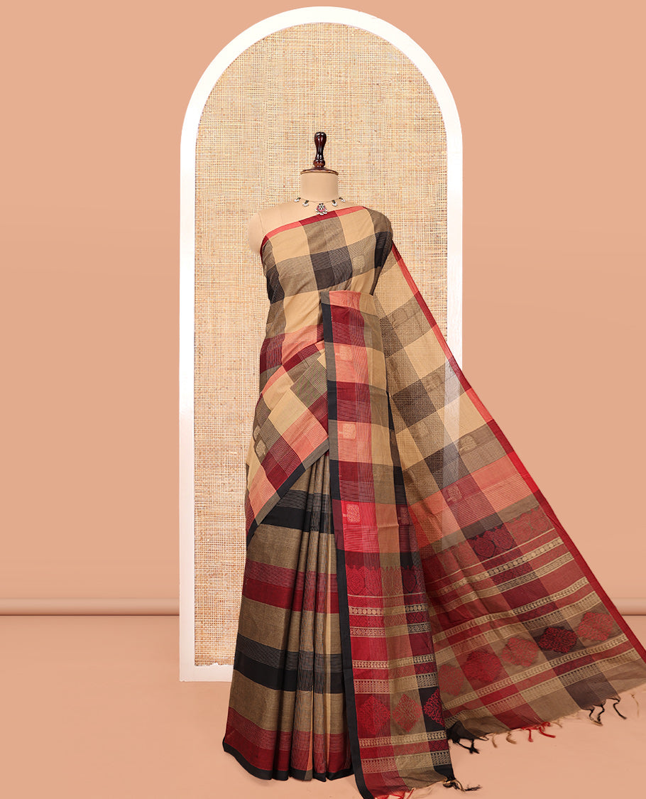 Borderless Multi-Color Cotton Saree, Accentuated with Buttas and Checks, Intricately Designed Pallu, and a Matching Blouse