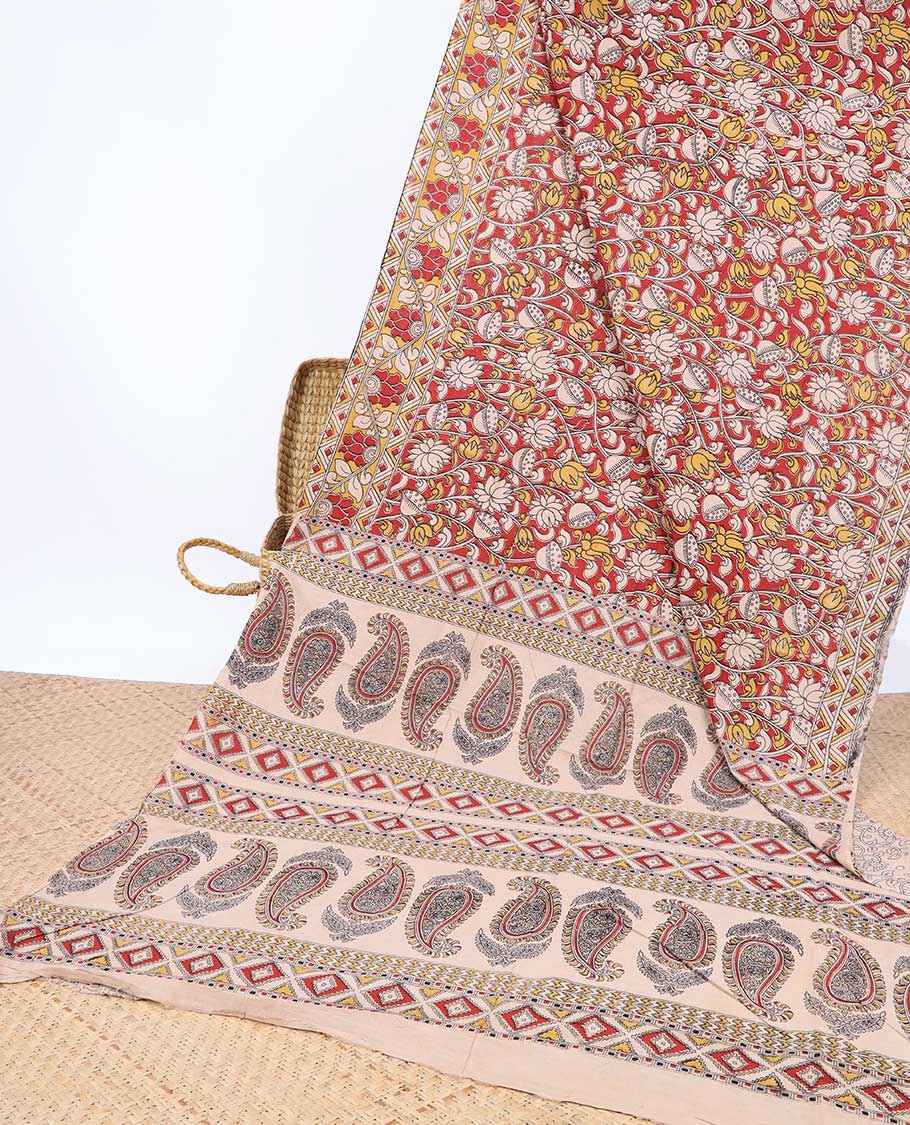 Red floral machine-printed kalamkari cotton saree, floral printed border & paisley printed pallu
