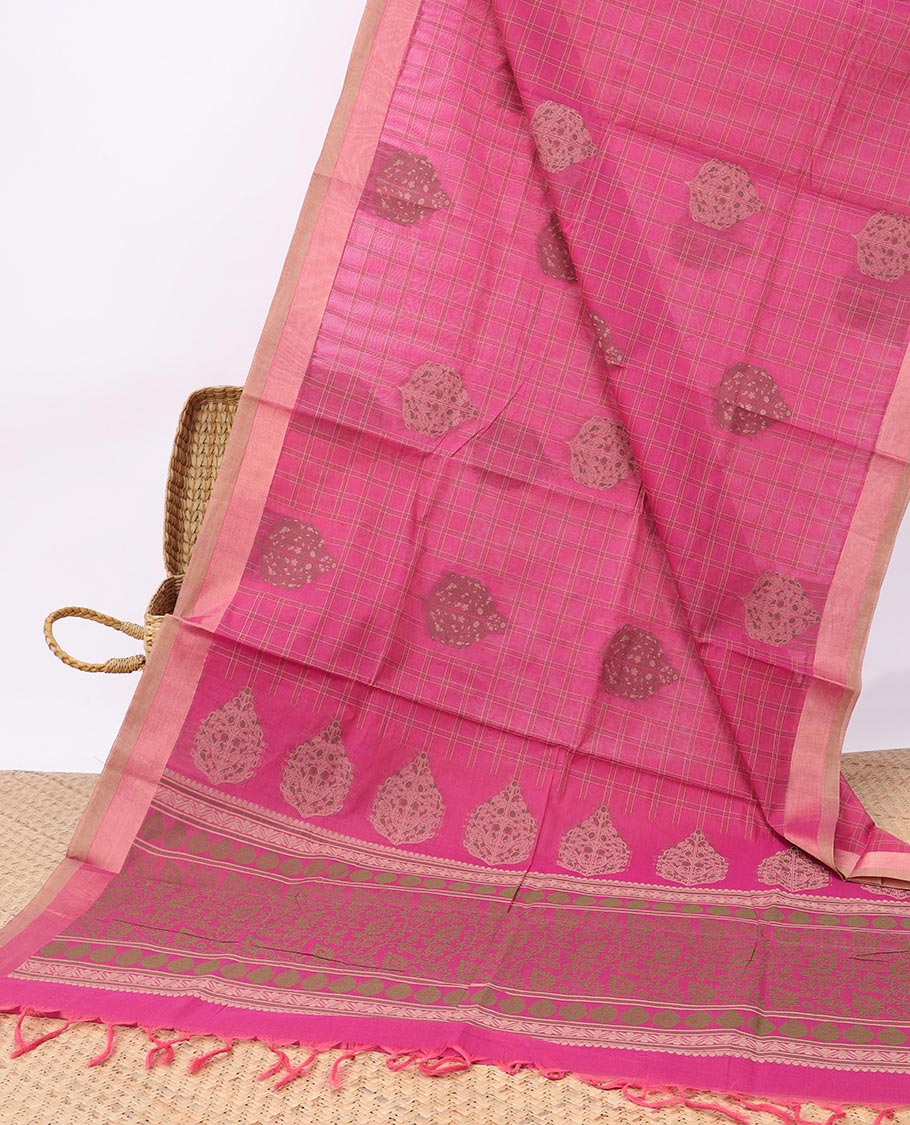 Brink checked & buttas Coimbatore cotton saree, contrast plain border & floral vine printed pallu
