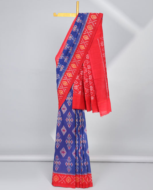 Blue floral ikkat cotton saree with contrast geometric design border & floral design pallu