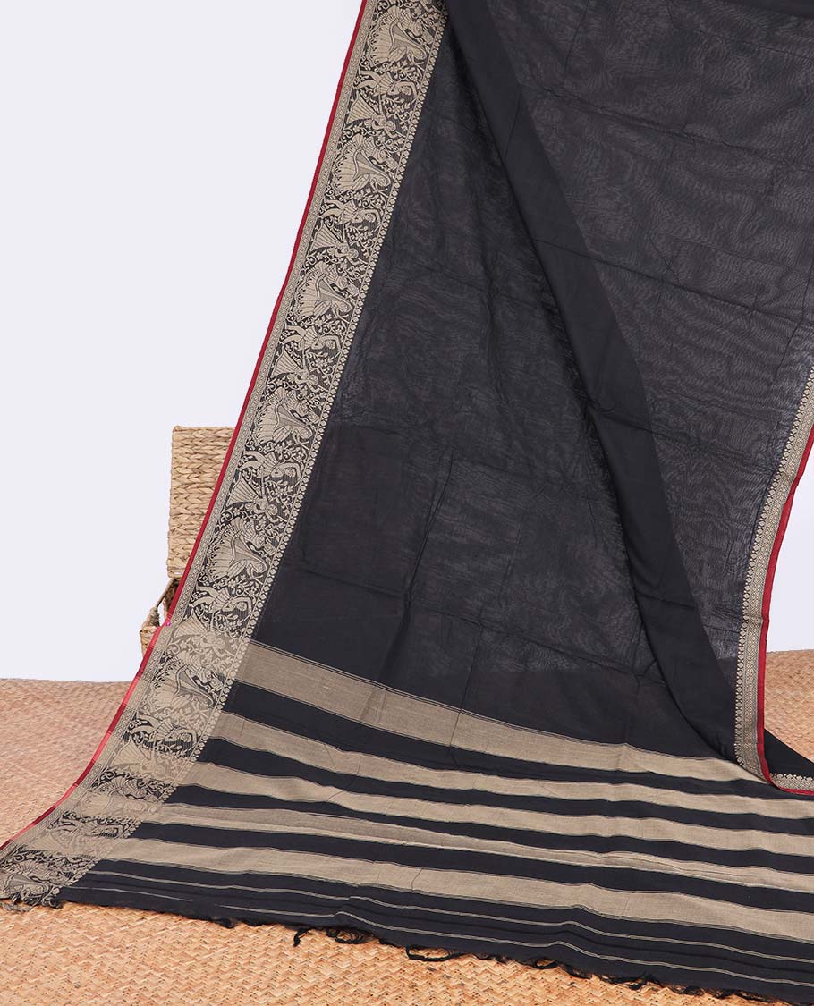 Black narayanapet cotton saree with self wedding design border & striped pallu