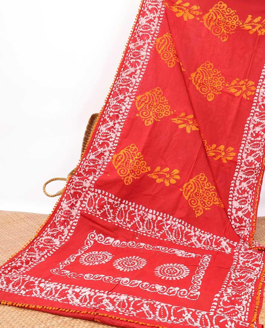 Red batik style floral printed mul mul cotton saree with self floral design border & batik style floral design pallu