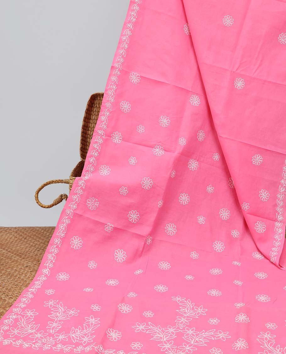 Pink all-over floral thread embroidery chikankari cotton saree with self embroidery border