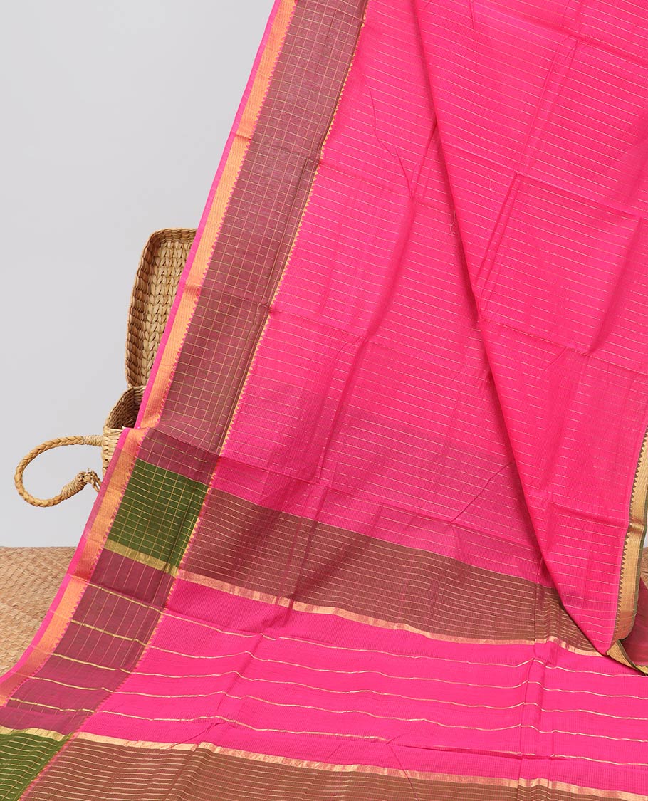 Pink striped mangalagiri cotton saree with contrast checked border & striped pallu