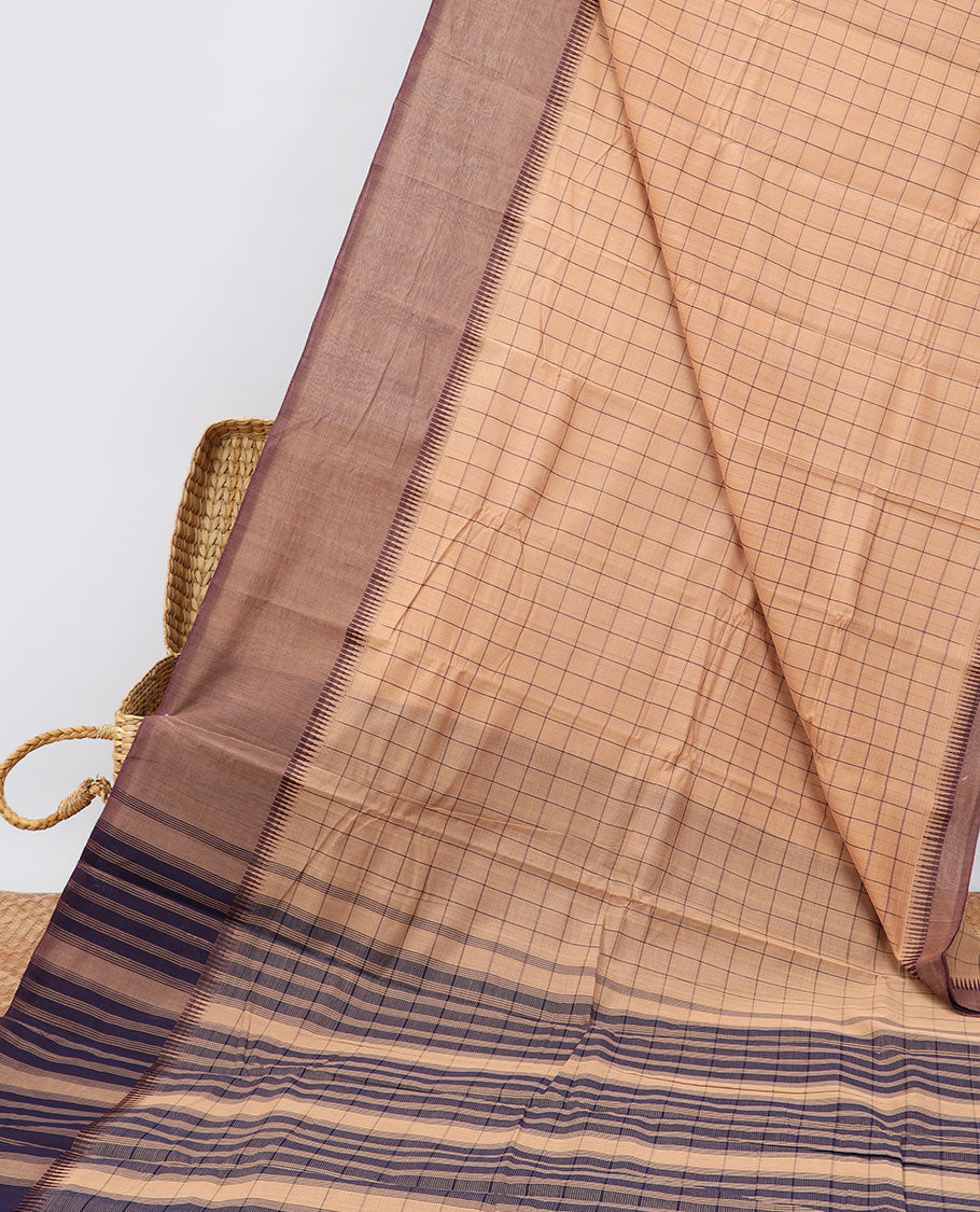 Pale brown checked khadi cotton saree with contrast border & checked design pallu