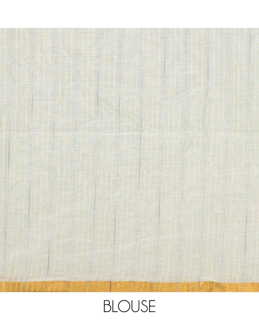 Pale green plain jute cotton saree, zari bavanji border, and striped pallu