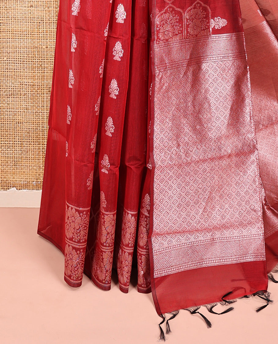 Red Semi-Silk Cotton Saree, Adorned with Zari Buttas All Over Its Body, a Subtle Border of Floral Designs, Grand Jaal Pallu, and Paired with a Matching Blouse