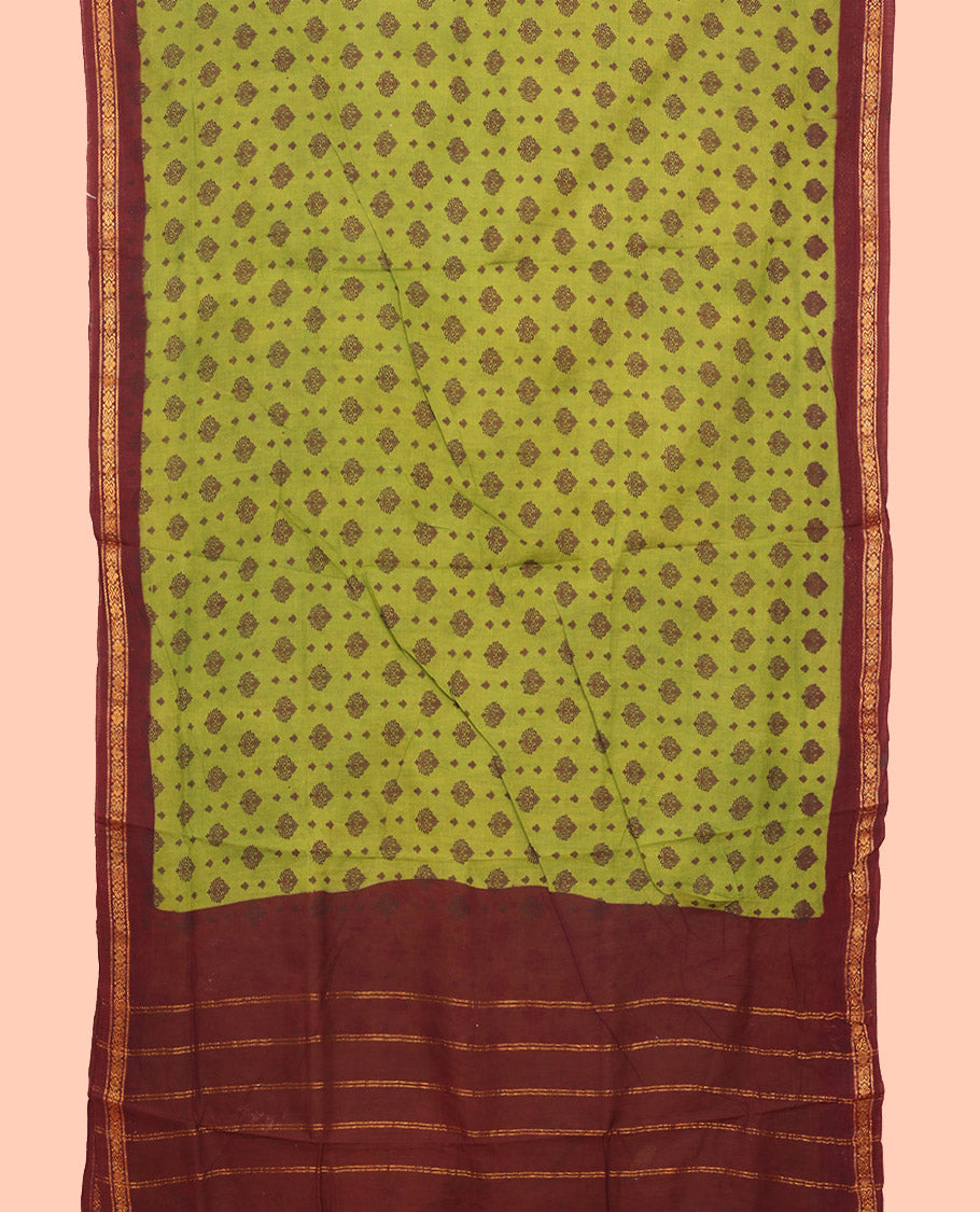 Green Nine Yard Cotton Saree, Adorned with Buttas All Over Its Body, Complemented by Contrast Zari Border, Striped Pallu, and Comes Without a Blouse