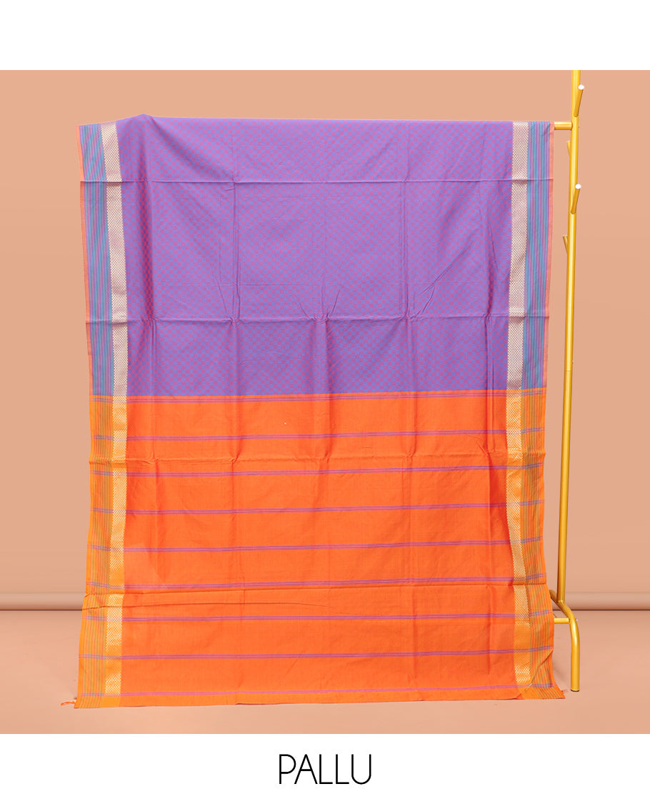 Lavender Poly Cotton Saree, Beautified with Checked Design on Its Body, Highlighted by a Traditional Zari Ara Maadam Border, Complemented by Contrast Striped Pallu, and Paired with a Contrast Blouse