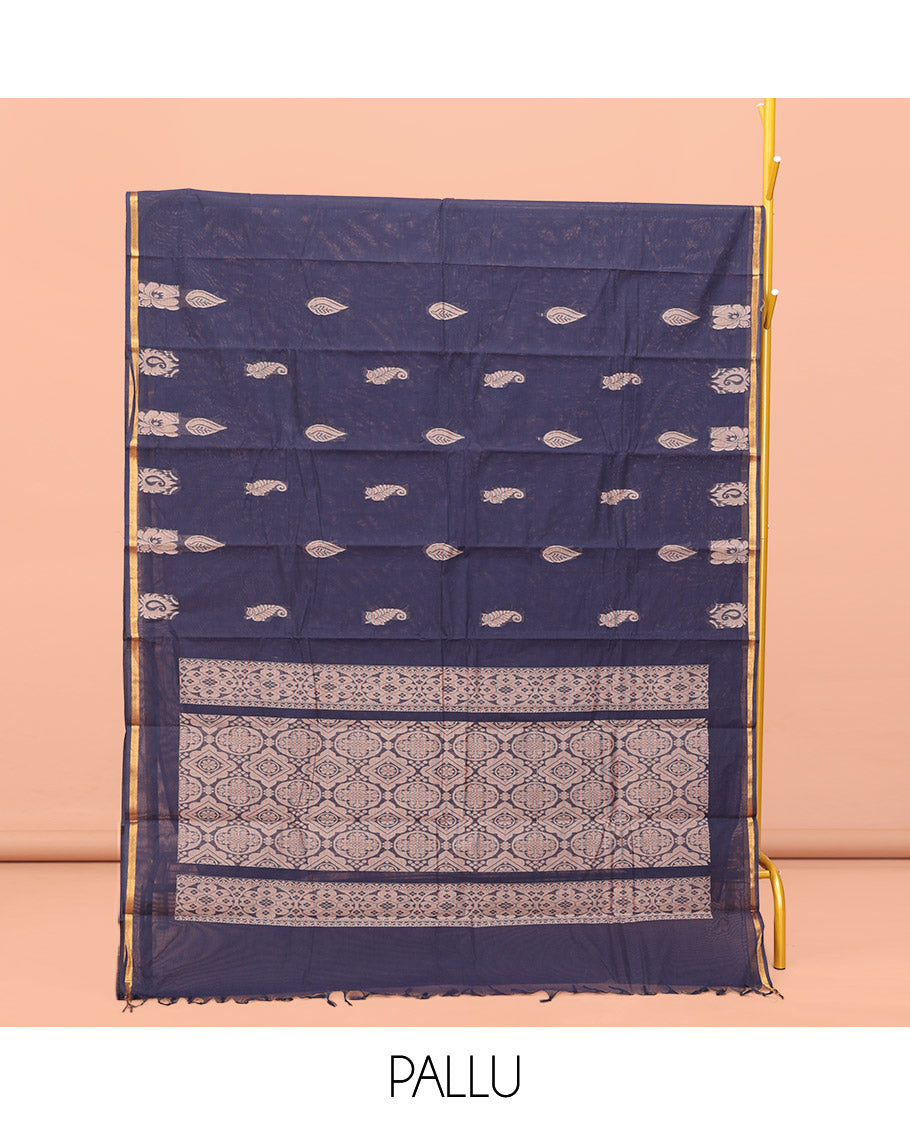 Navy Blue Kanchi Cotton Saree, Adorned with Buttas All Over Its Body, a Subtle Zari Border, Intricately Designed Pallu, and Paired with a Matching Blouse