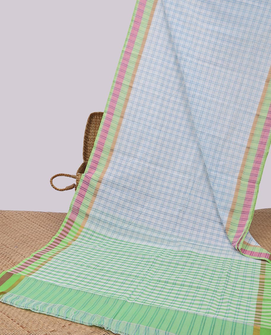 Off-white checked chirla cottton saree with contrast striped border & checked pallu