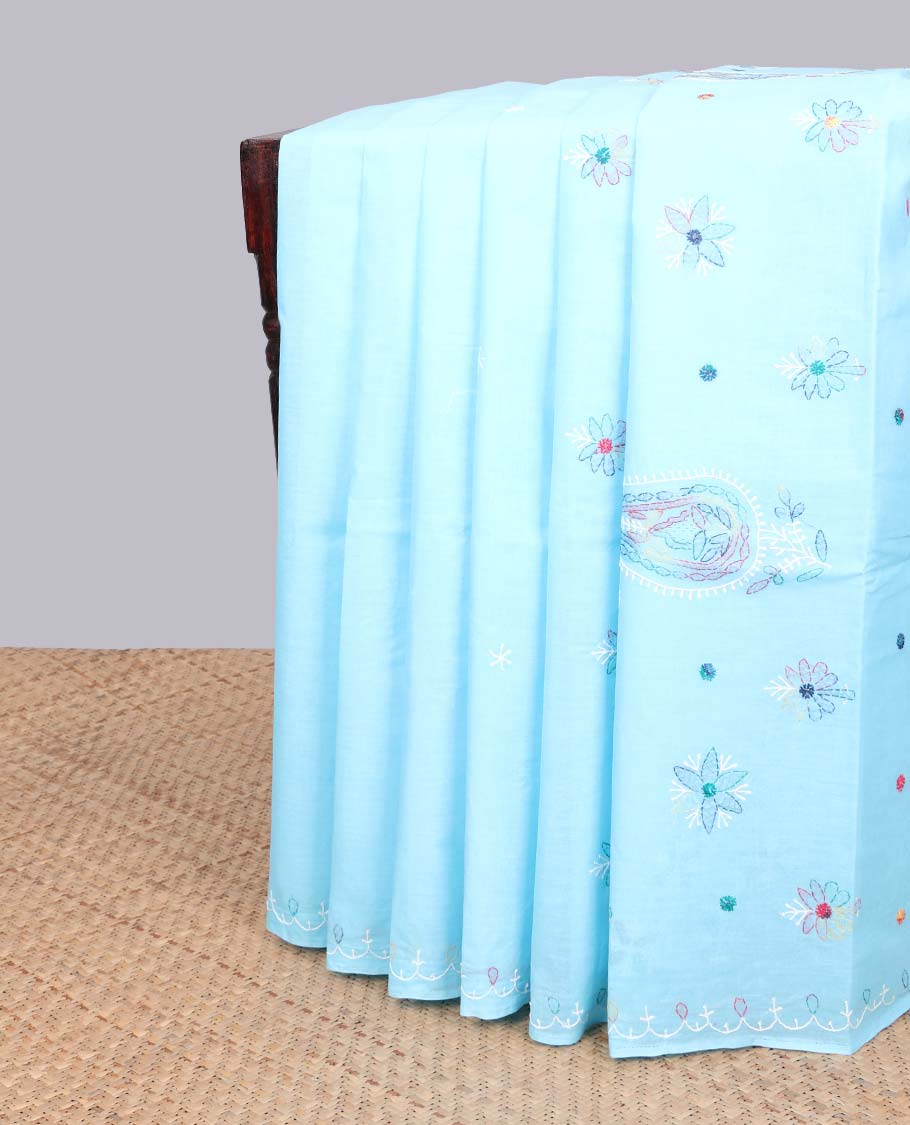 Blue floral embroidery lucknowi chikankari cotton saree,self-border & pallu of floral & paisley embroidery