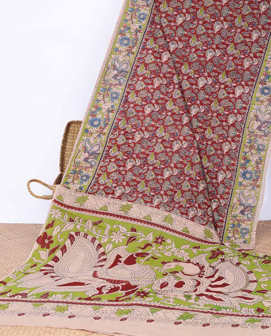 Red peacock motifs machine-printed kalamkari saree with contrast floral design border & peacock , floral design pallu