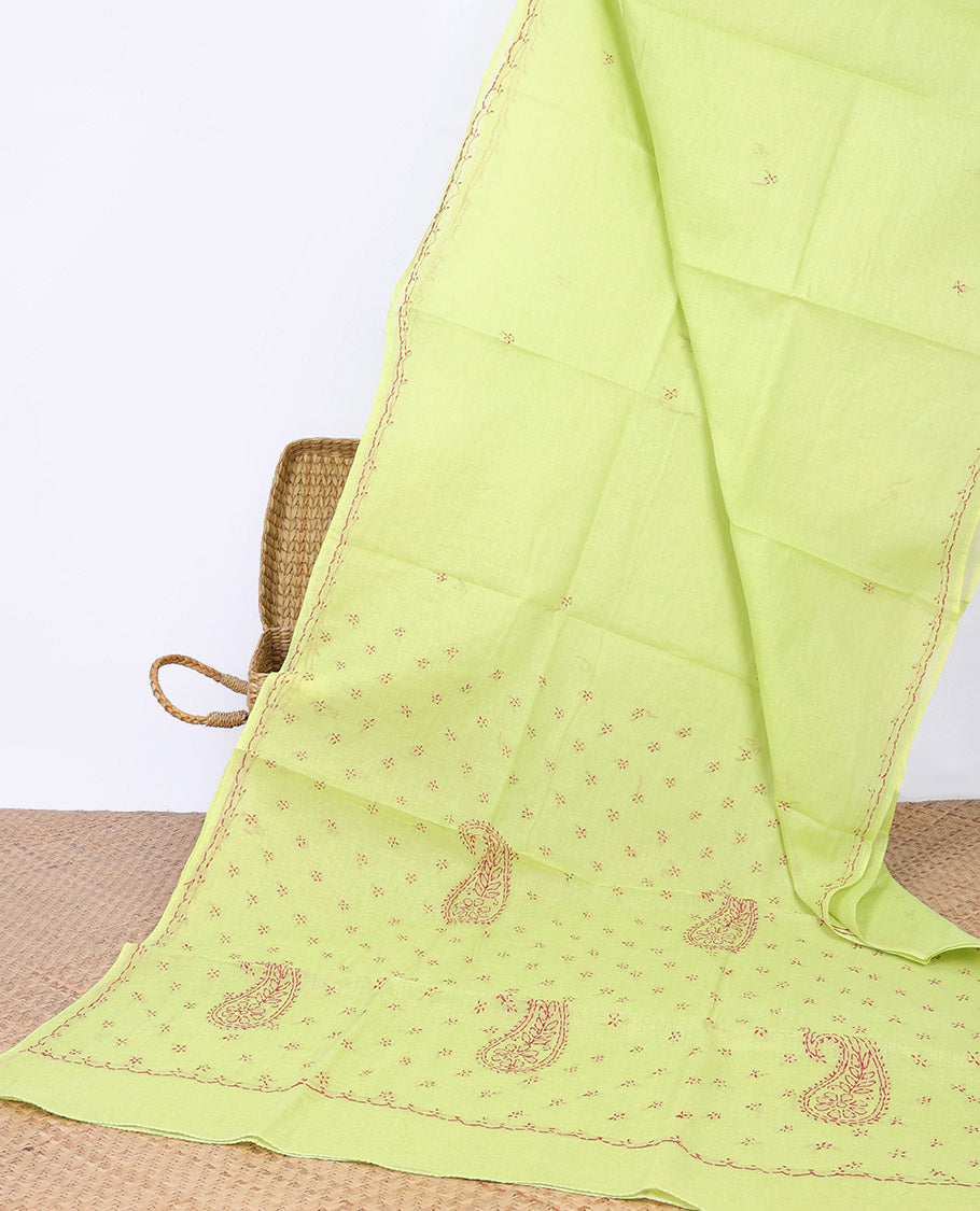 Green floral embroidery lucknowi chikankari cotton saree,self-border & pallu of floral & paisley embroidery