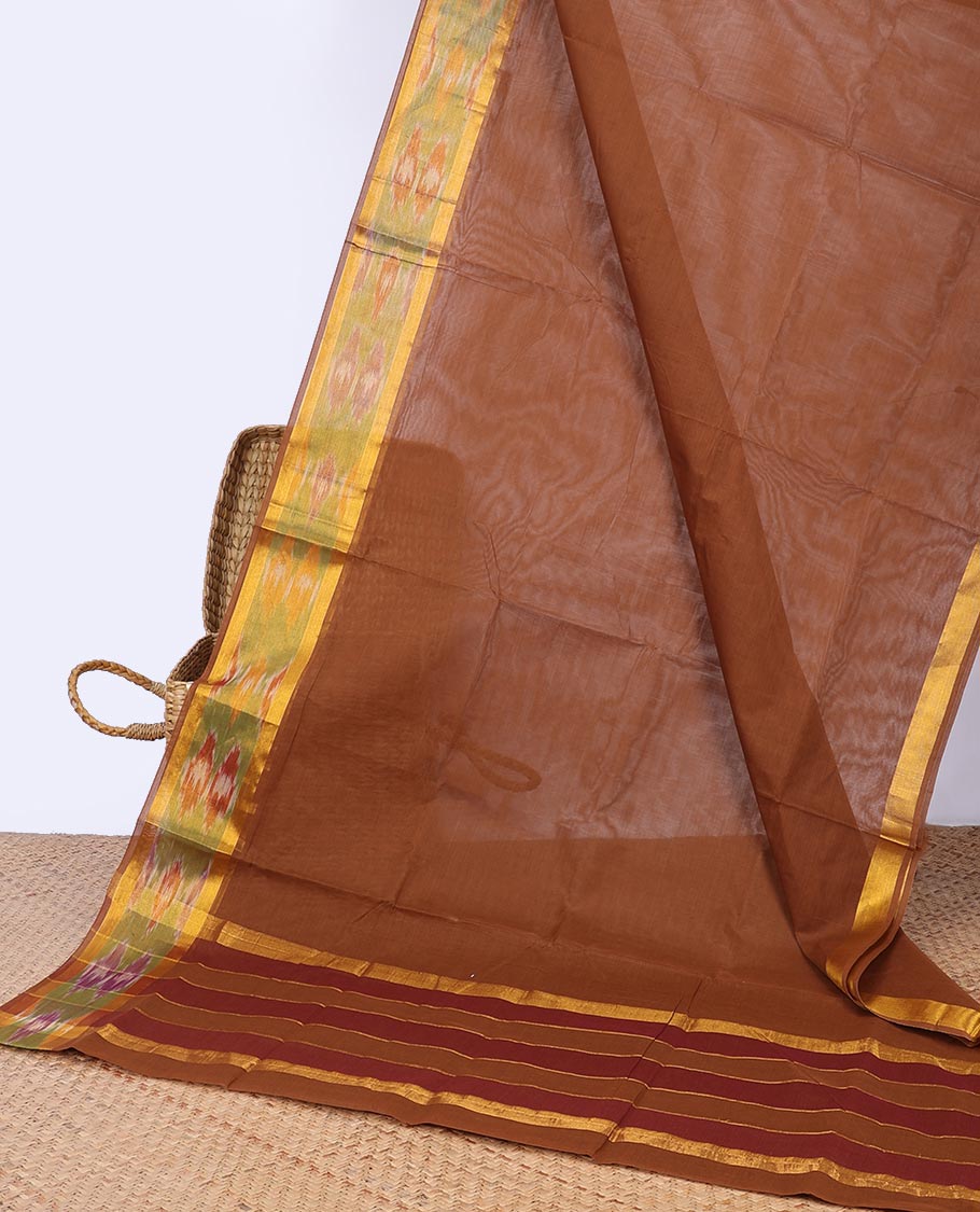 Brown venkatagiri cotton saree with self floral design border & striped pallu