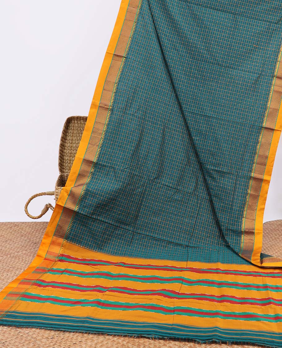 Green checked narayanapet cotton saree, contrast traditional design border & pallu of stripes