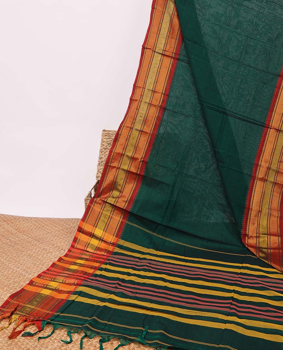 Green narayanapet cotton saree with contrast striped border & striped pallu