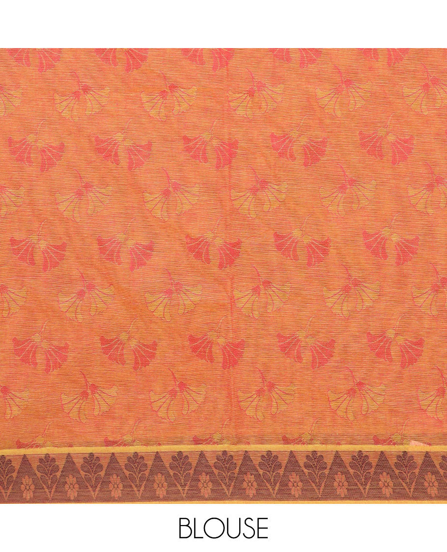 Orange floral design combatiore cotton saree, temple border & leaf-shaped motifs woven pallu