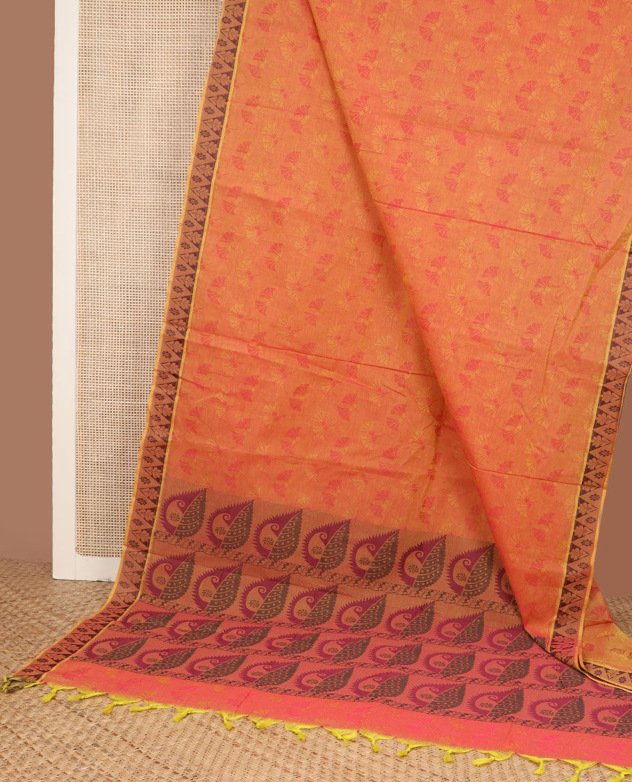 Orange floral design combatiore cotton saree, temple border & leaf-shaped motifs woven pallu