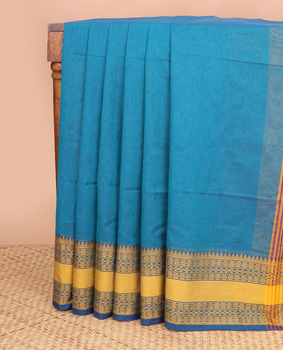 Blue narayanapet cotton saree with contrast traditional design border & striped pallu