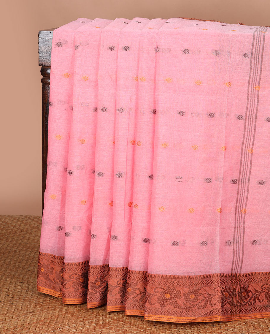 Pink motifs bengal cotton saree with contrast floral design border & striped, floral motifs pallu