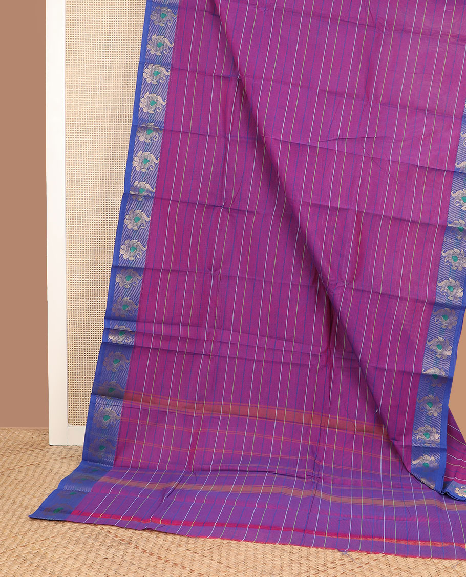 Purple horizontal striped Chettinad cotton saree, contrast manga motif border & striped pallu