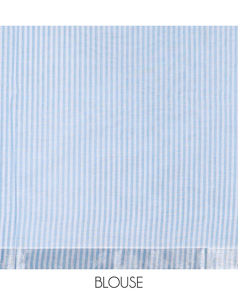 Blue vertically striped jute cotton saree, zari self-border & striped pallu