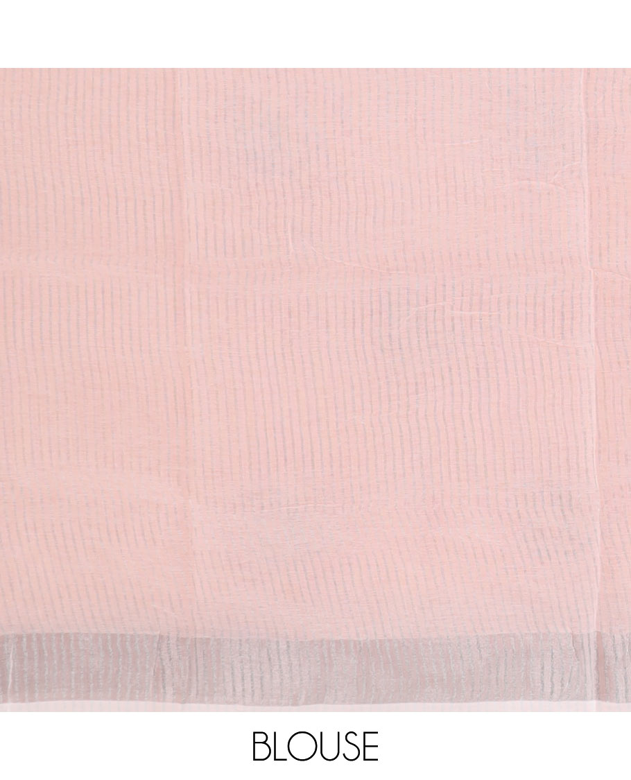 Baby pink spiral buttas printed cotton saree, zari border and striped pallu