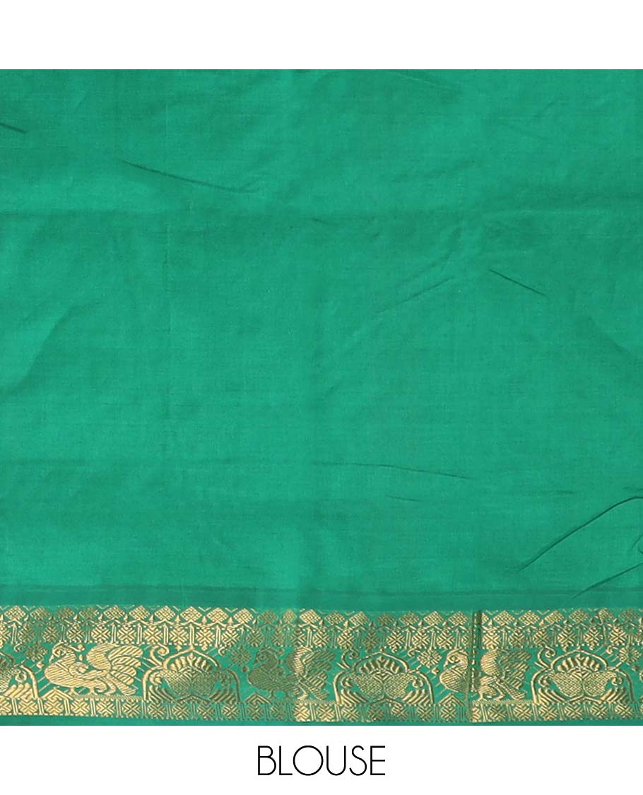 Pink plain poly cotton saree, contrast traditional zari border, and striped pallu