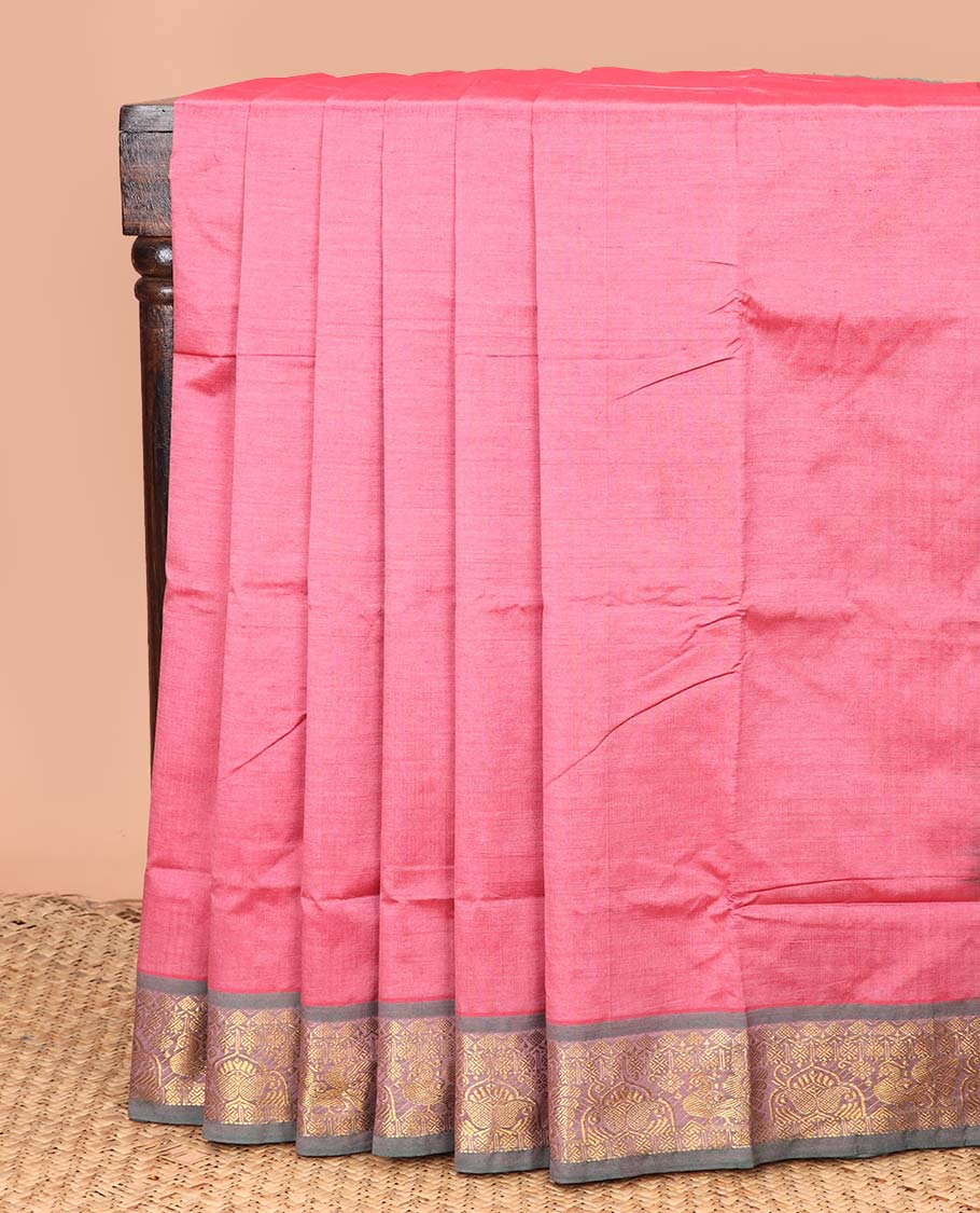 Pink plain poly cotton saree, contrast traditional zari border, and striped pallu