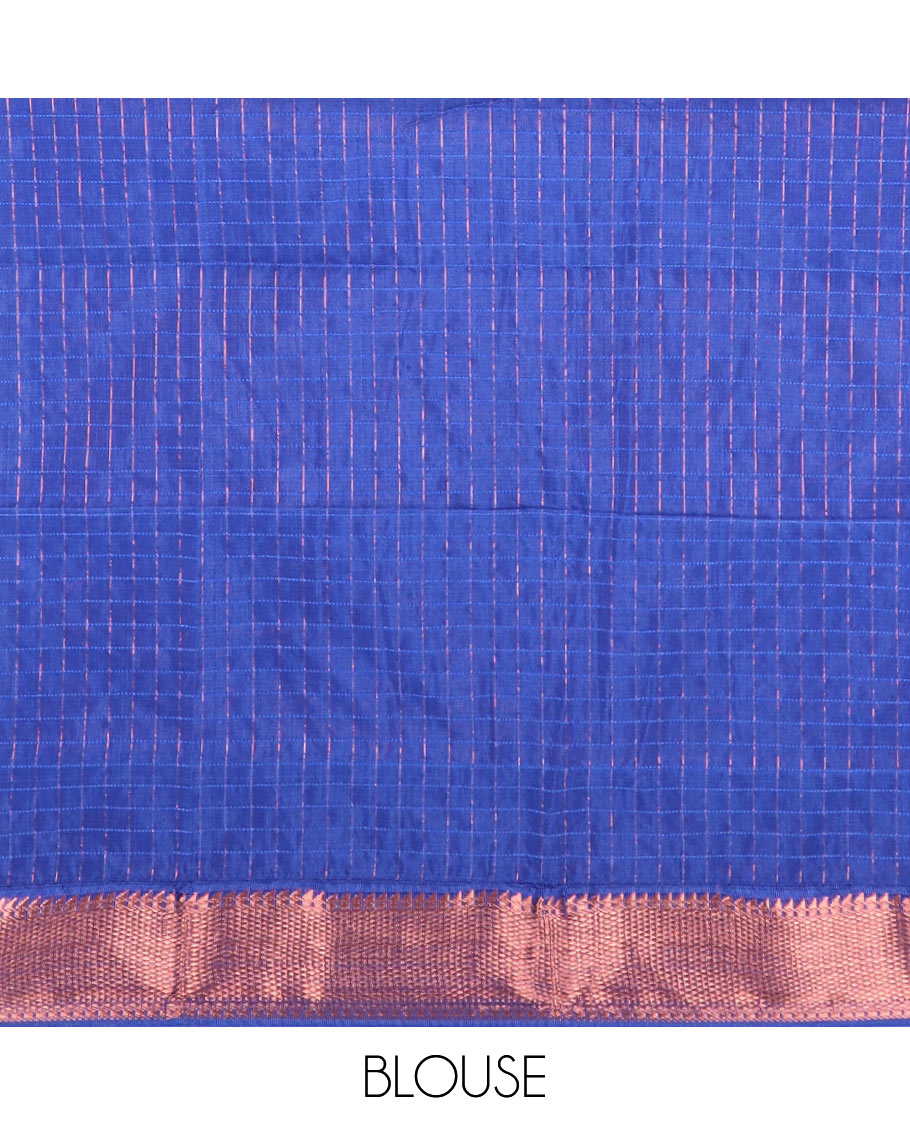 Blue dual-tone micro checked chirala cotton saree, contrast traditional zari border, and zari design pallu