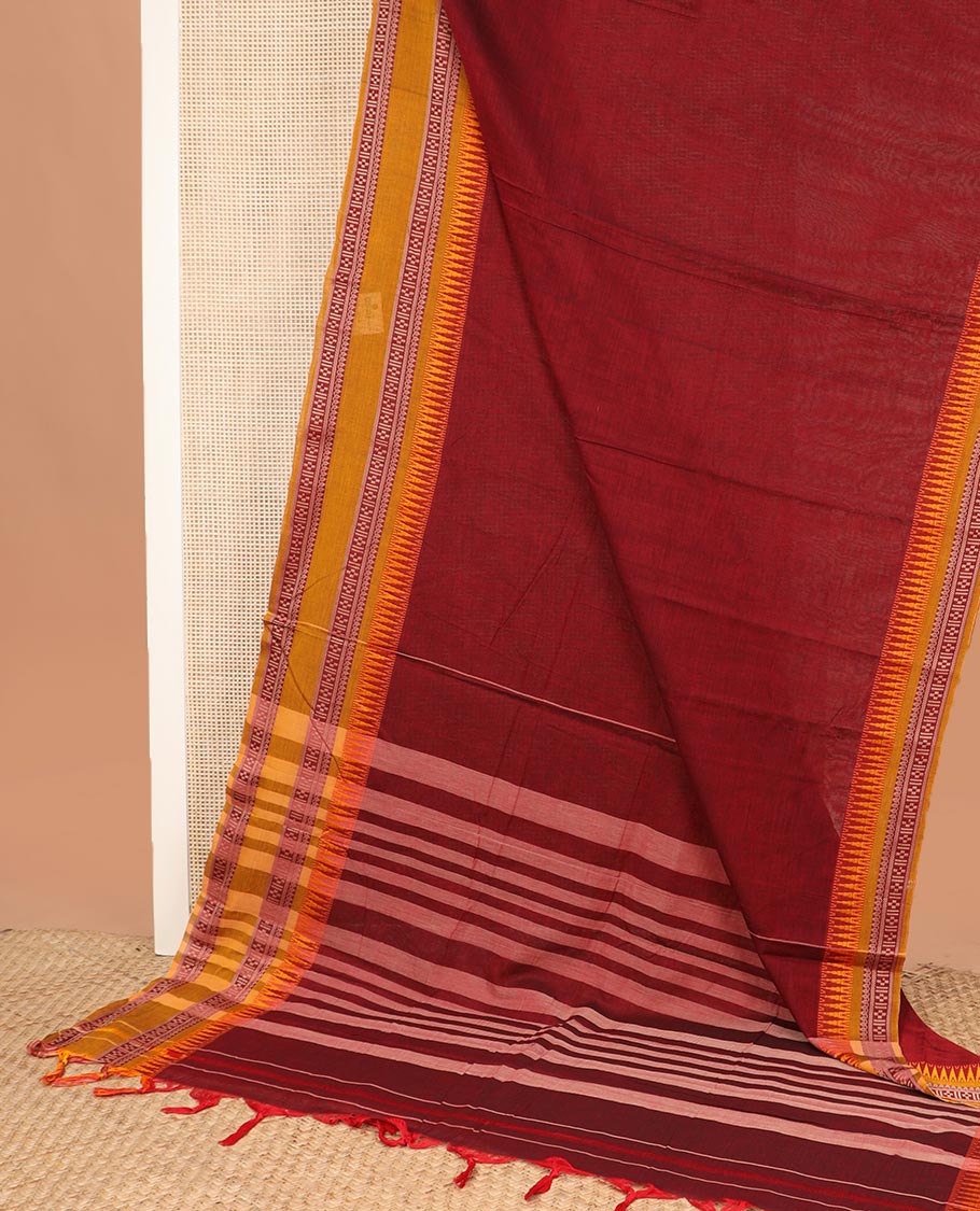 Cherry red plain Narayanapet cotton saree, contrast traditional motifs thread woven border, and striped pallu