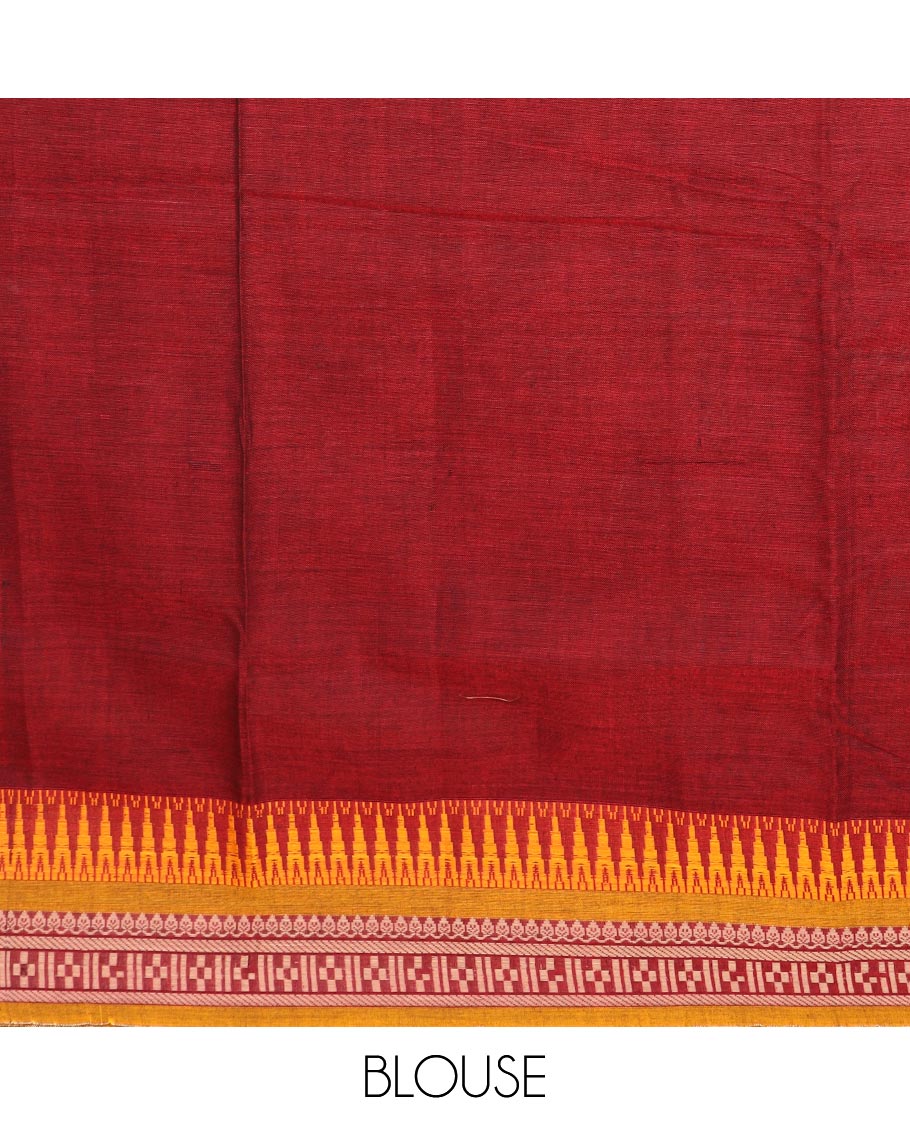 Cherry red plain Narayanapet cotton saree, contrast traditional motifs thread woven border, and striped pallu