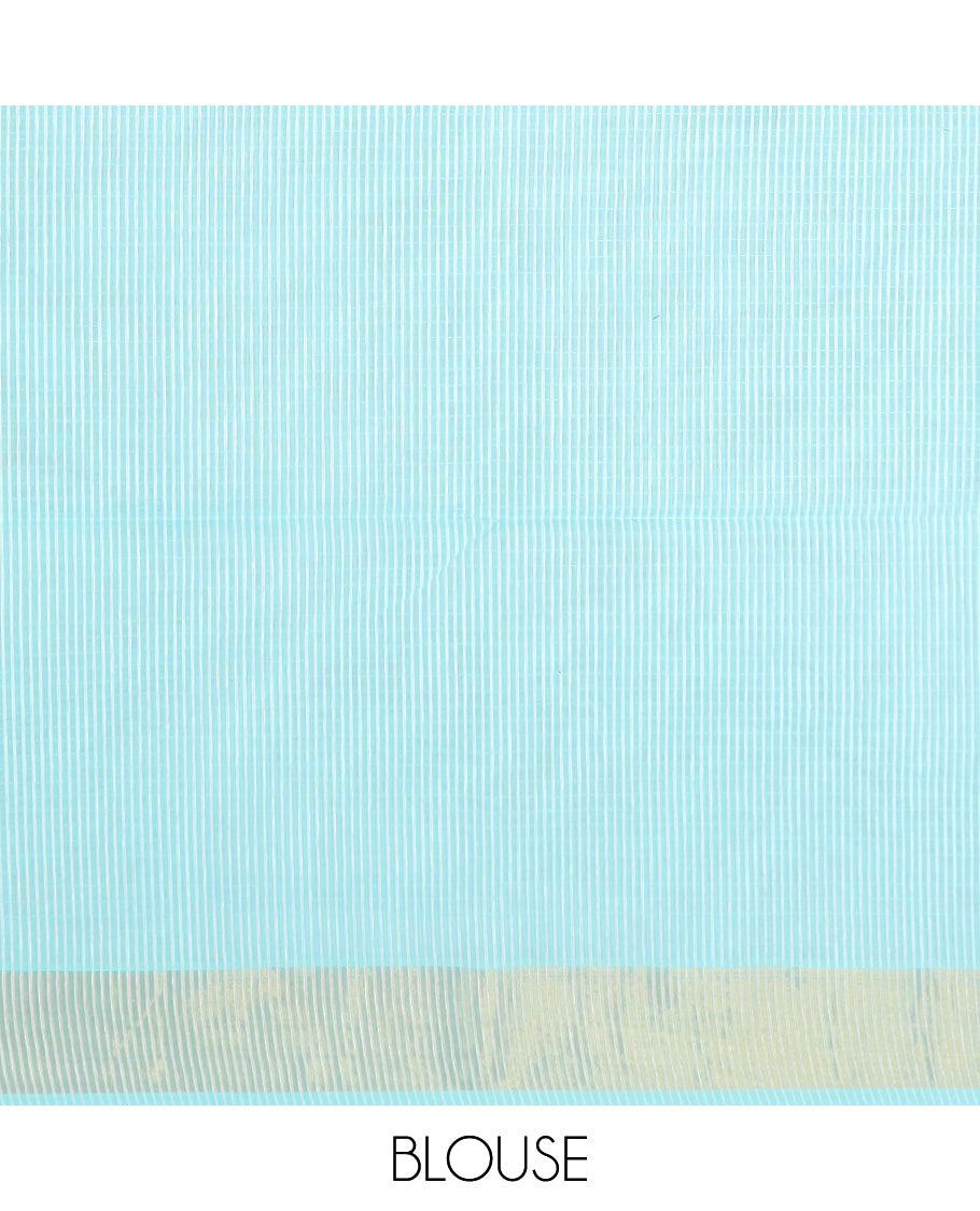 Baby blue striped jute cotton saree, bavanji border, and striped pallu