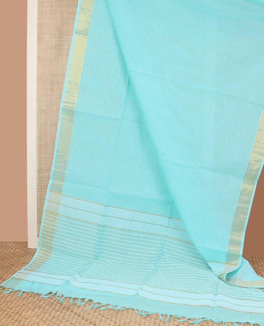 Baby blue striped jute cotton saree, bavanji border, and striped pallu