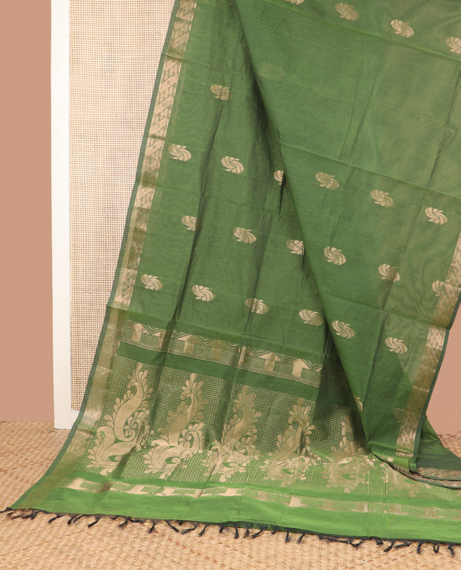 Olive green zari buttas Coimbatore Cotton saree, zari border, and pallu of zari designs